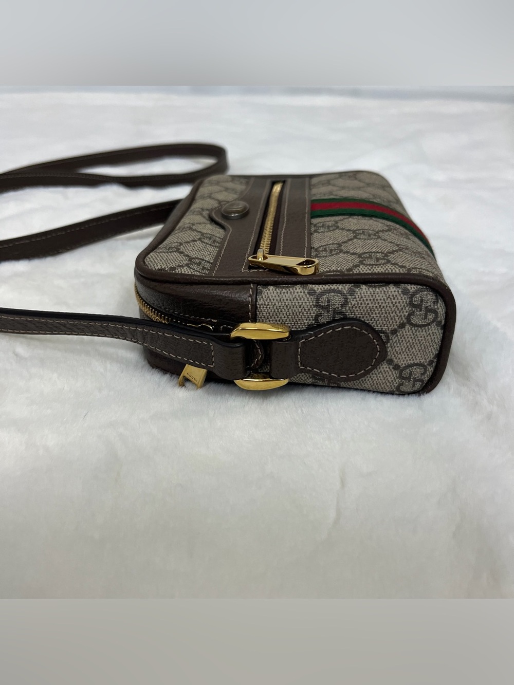 Gucci Beige GG Supreme Canvas Mini Crossbody Bag Brown Trim - Picture 12 of 16